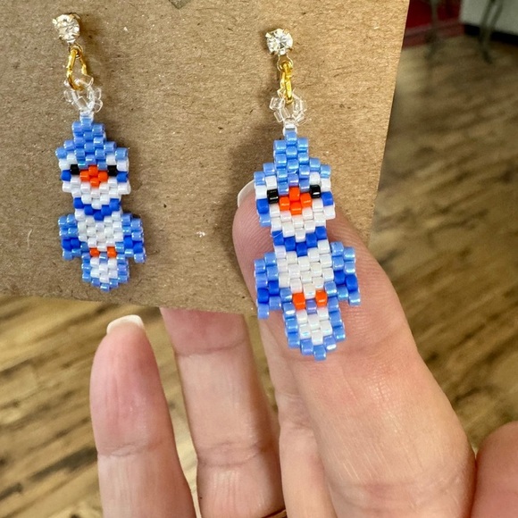 Handmade Cute Blue Jay Bird Miyuki Glass Seed Beaded Earrings, Brick Stitch Gift - Picture 3 of 5